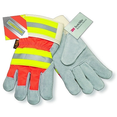 MCR Safety 1440L Luminator Leather Palm Gloves Cowhide/Cotton/Polyester Large Brown Hem/Gray/Hi-Vis Orange/Lime/Silver
