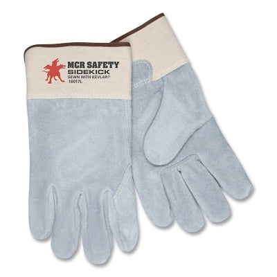 MCR Safety 16017L Sidekick Select Side Leather Palm Gloves, Large, Gray/Green Logo/White Fabric