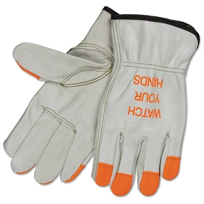 MCR Safety 3213HVIL Unlined Drivers Gloves, Industrial Grade Cowhide, Large, Keystone Thumb, Beige/Hi-Vis Orange