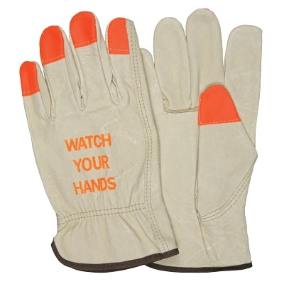 MCR Safety 3413HVIL "Watch Your Hands" Drivers Gloves, Large, Beige/Hi-Vis Orange/Brown