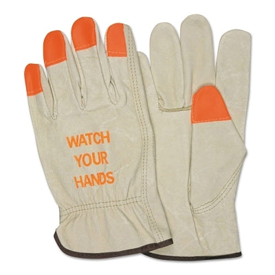 MCR Safety 3413HVIM "Watch Your Hands" Drivers Gloves, Medium, Beige/Hi-Vis Orange/Green