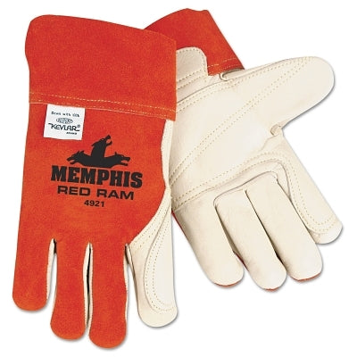 MCR Safety 4921XL Red Ram Welders Gloves, Split Cow & Grain Cow Leather, XL, Russet/Cream, Fleece Lined Palm