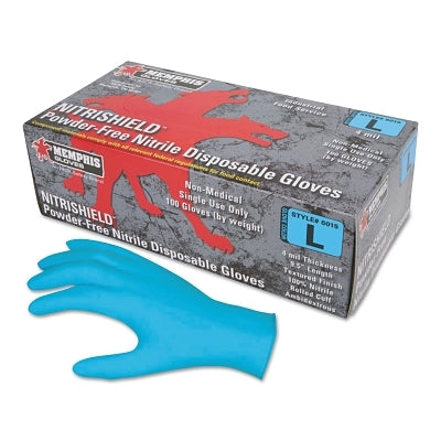 MCR Safety 6015S Nitrile Disposable Gloves, NitriShield, Rolled Cuff, Unlined, Small, Blue, 4 mil Thick, Powder Free