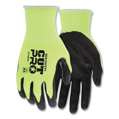 MCR Safety 92748HVXL CutPro 92748HV 18-ga HyperMax Nitrile-Dotted Coated Gloves, X-Large, Hi-Vis Lime