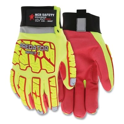 MCR Safety PD4903M Predator Impact Mechanics Hi-Vis Leather Palm Cut Abrasion Puncture Resistant Gloves Medium Hi-Vis Lime Hi-Vis Red