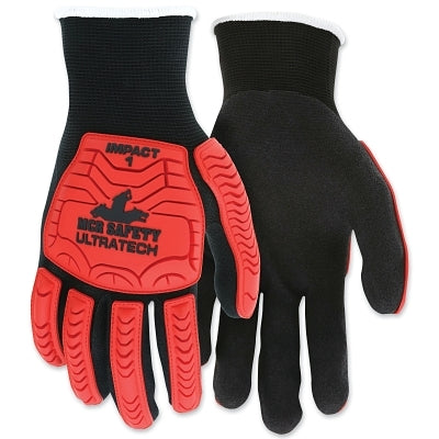 MCR Safety UT1950XXL UT1950 UltraTech Impact Level 1 Mechanics Knit Gloves, 2X-Large, Hi-Vis Red TPR, Black Coating/Shell