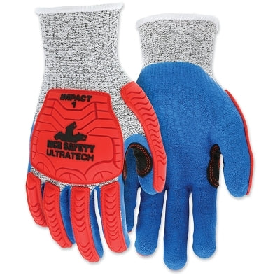 MCR Safety UT1951M UT1951 UltraTech A/4/Impact Level 1 Mechanics Knit Glove, Medium, Salt/Pepper, Red/Blue