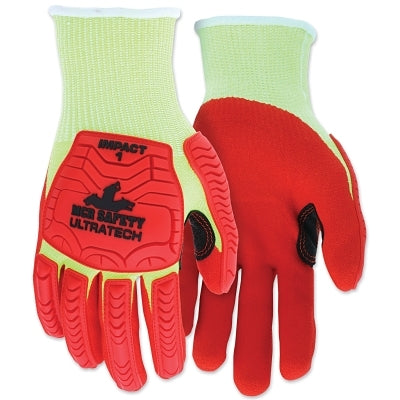 MCR Safety UT1953S UT1953 UltraTech A4/Impact Level 1 Mechanics Knit Glove, Small, Hi-Viz Lime; Red