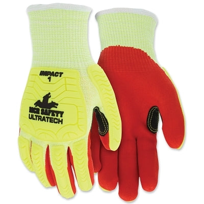 MCR Safety UT1956L UT1956 UltraTech A5/Impact Level 1 Mechanics Knit Glove, Large, Hi-Vis Lime/Red