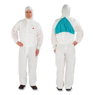 3M 7000034762 Disposable Protective Coverall 4520 Series, 3 Panel Hood, Elastic Waist & Ankle, Knitted Cuff, White w/Green Back Panel, Lg