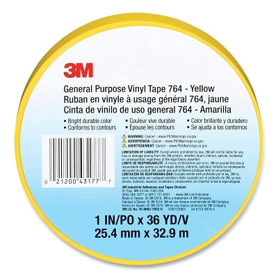 3M 7000123863 General Purpose Vinyl Tape 764, 1 in x 36 yd x 5 mil, Yellow