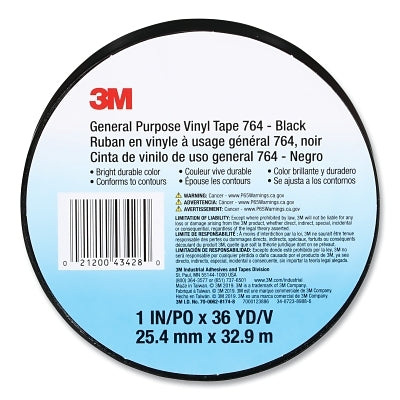 3M 7000123886 General Purpose Vinyl Tape 764, 1 in x 36 yd x 5 mil, Black