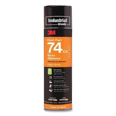 3M 7100014104 FoamFast Spray Adhesive, 74CA, 24 fl oz Can, Aerosol Can, Orange, Contains 1,1-Difluoroethane