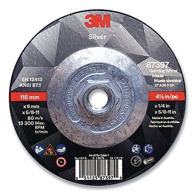 3M 7010362237 Silver Depressed Center Grinding Wheel, 4-1/2 in dia, 1/4 in, 5/8 in-11 Arbor Thread, 36 Grit, Precision Shaped Ceramic