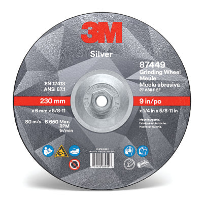 3M 7010409732 Silver Depressed Center Grinding Wheel, 9 in dia, 1/4 in, 5/8 in -11 Arbor Thread, 36 Grit, Precision Shaped Ceramic
