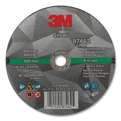 3M 7100139215 Silver Cut-Off Wheel, Precision Shaped Ceramic, 4 in dia, 0.375 in arbor, 36+ Grit, Center Hole