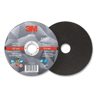 3M 7100139236 Silver Cut-Off Wheel, Precision Shaped Ceramic, 5 in dia, 0.875 in arbor, 36 Grit, Center Hole Mounting