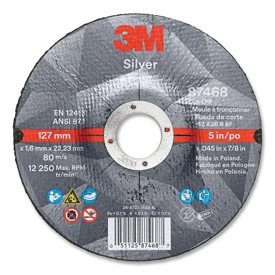 3M 7100139237 Silver Cut-Off Wheel, Precision Shaped Ceramic, 5 in dia, 0.875 in arbor, 36+ Grit, Center Hole