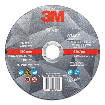 3M 7010412152 Silver Cut-Off Wheel, Precision Shaped Ceramic, 6 in Dia, 60 Grit, 0.875 Arbor Dia