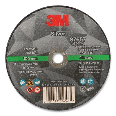 3M 7100141050 Silver Cut-Off Wheel, Precision Shaped Ceramic, 4 in dia, 0.375 in arbor, 36 Grit, Center Hole Mounting