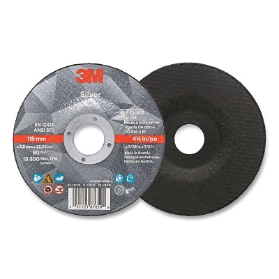 3M 7100141055 Silver Cut-Off Wheel, Precision Shaped Ceramic, 4.5 in dia, 0.875 in arbor, 36 Grit, Center Hole Mounting