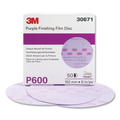 3M 7100122789 Hookit Hook and Loop Purple Finishing Film Disc, Aluminum Oxide, 6 in dia, P600 Grit