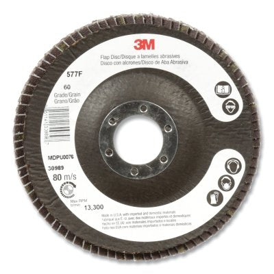 3M 7010363143 Flap Disc 577F, 4-1/2 in dia, 60 grit, 7/8 in arbor, 13300 RPM