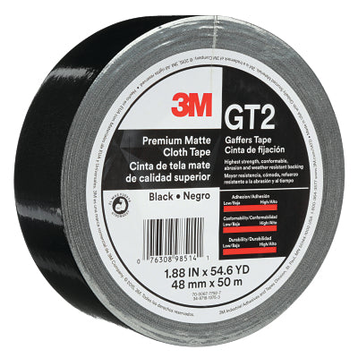 3M 7010336132 GT2 Matte Cloth Gaffers Tape, 1.88 in x 54.68 yd, 11 mil, Black