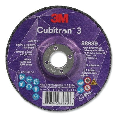 3M 7100303964 Cubitron 3 Depressed Center Grinding Wheel, 4 in dia x 1/4 in Thick x 5/8 in Arbor, 36+ Grit, T27