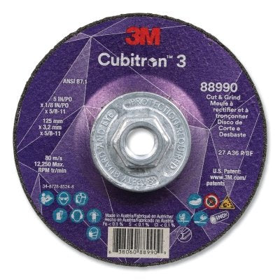 3M 7100313204 Cubitron 3 Cut and Grind Wheel, 5 in dia x 1/8 in Thick x 5/8 in-11 Arbor, 36+ Grit, T27