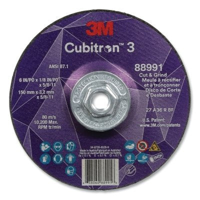 3M 7100313205 Cubitron 3 Cut and Grind Wheel, 6 in dia x 1/8 in Thick x 5/8 in-11 Arbor, 36+ Grit, T27