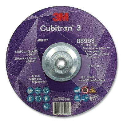 3M 7100313197 Cubitron 3 Cut and Grind Wheel, 9 in dia x 1/8 in Thick x 5/8 in-11 Arbor, 36+ Grit, T27