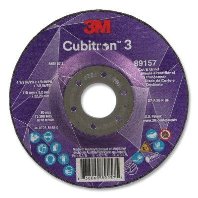 3M 7100305149 Cubitron 3 Cut and Grind Wheel, 4-1/2in dia x 1/8 in Thick x 7/8 in Arbor, 36+ Grit, T27