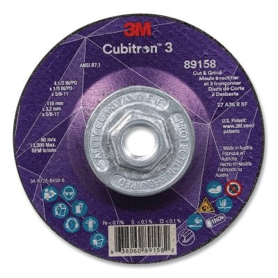 3M 7100313760 Cubitron 3 Cut and Grind Wheel, 4-1/2 in dia x 1/8 in Thick x 5/8 in-11 Arbor, 36+ Grit, T27