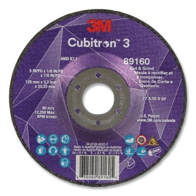 3M 7100305151 Cubitron 3 Cut and Grind Wheel, 5 in dia x 1/8 in Thick x 7/8 in Arbor, 36+ Grit, T27