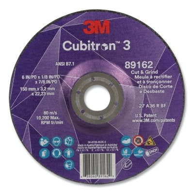 3M 7100313586 Cubitron 3 Cut and Grind Wheel, 6 in dia x 1/8 in Thick x 7/8 in Arbor, 36+ Grit, T27