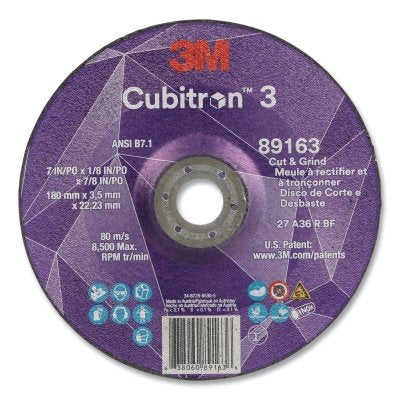 3M 7100313588 Cubitron 3 Cut and Grind Wheel, 7 in dia x 1/8 in Thick x 7/8 in Arbor, 36+ Grit, T27