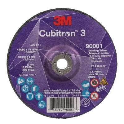 3M 7100303965 Cubitron 3 Depressed Center Grinding Wheel, 4 in dia x 1/4 in Thick x 3/8 in Arbor, 36+ Grit, T27