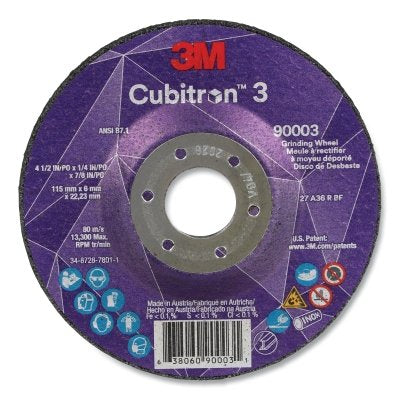 3M 7100303966 Cubitron 3 Depressed Center Grinding Wheel, 4-1/2 in dia x 1/4 in Thick x 7/8 in Arbor, 36+ Grit, T27
