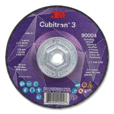 3M 7100312967 Cubitron 3 Depressed Center Grinding Wheel, 5 in dia x 1/4 in Thick x 5/8 in-11 Arbor, 36+ Grit, T27