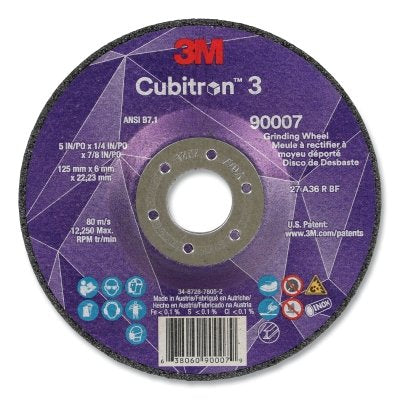 3M 7100303967 Cubitron 3 Depressed Center Grinding Wheel, 5 in dia x 1/4 in Thick x 7/8 in Arbor, 36+ Grit, T27