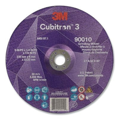 3M 7100313202 Cubitron 3 Depressed Center Grinding Wheel, 9 in dia x 1/4 in Thick x 7/8 in Arbor, 36+ Grit, T27