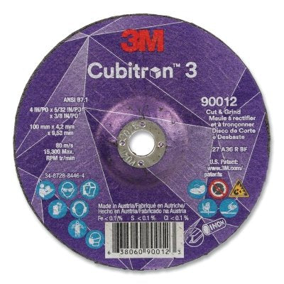 3M 7100305152 Cubitron 3 Cut and Grind Wheel, 4 in dia x 5/32 in Thick x 3/8 in Arbor, 36+ Grit, T27