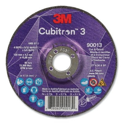 3M 7100305443 Cubitron 3 Cut and Grind Wheel, 4 in dia x 5/32 in Thick x 5/8 in Arbor, 36+ Grit, T27
