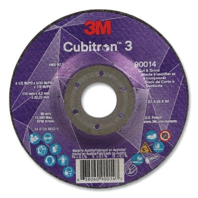 3M 7100303968 Cubitron 3 Cut and Grind Wheel, 4-1/2 in dia x 5/32 in Thick x 7/8 in Arbor, 36+ Grit, T27