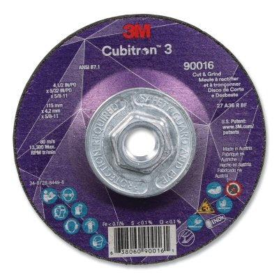 3M 7100313194 Cubitron 3 Cut and Grind Wheel, 4-1/2 in dia x 5/32 in Thick x 5/8 in-11 Arbor, 36+ Grit, T27