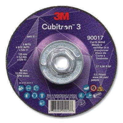 3M 7100313550 Cubitron 3 Cut and Grind Wheel, 5 in dia x 5/32 in Thick x 5/8 in-11 Arbor, 36+ Grit, T27