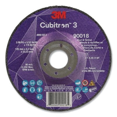 3M 7100305444 Cubitron 3 Cut and Grind Wheel, 5 in dia x 5/32 in Thick x 7/8 in Arbor, 36+ Grit, T27