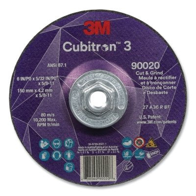 3M 7100313196 Cubitron 3 Cut and Grind Wheel, 6 in dia x 5/32 in Thick x 5/8 in-11 Arbor, 36+ Grit, T27