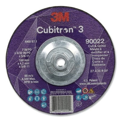 3M 7100313551 Cubitron 3 Cut and Grind Wheel, 7 in dia x 5/32 in Thick x 5/8 in-11 Arbor, 36+ Grit, T27